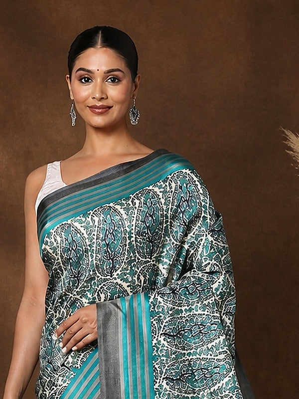 Indiehaat | Kashmiri Silk Printed Saree White & Teal