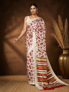 Off-white, red and olive floral printed Kashmiri Silk saree with a red, olive and gold striped pallu.