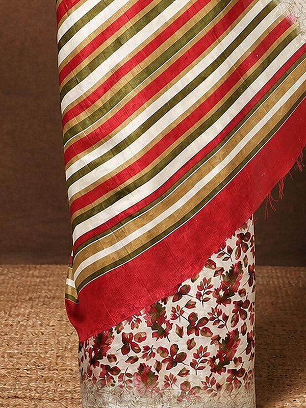 Indiehaat | Kashmiri Silk Printed Saree Off-White & Red