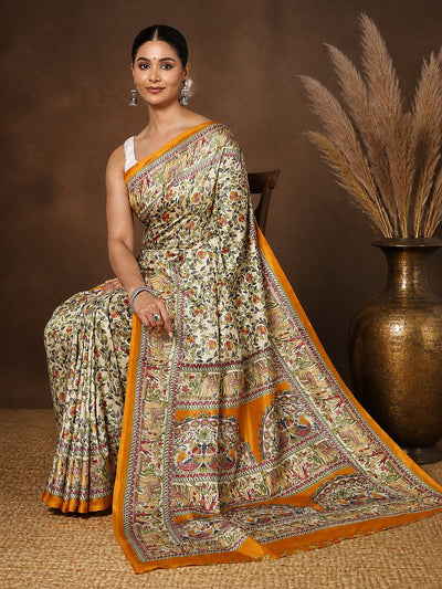 Off White printed Kashmiri silk saree with small Madhubani-style florals, a large mustard-yellow pallu panel of elephants and peacocks, and a wide contrast mustard border.
