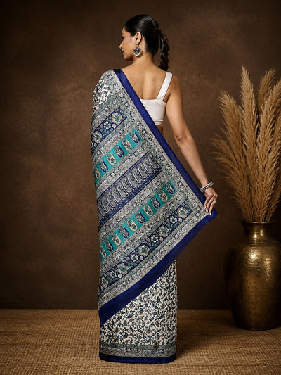 Indiehaat | Kashmiri Silk Printed Saree White & Dark Blue