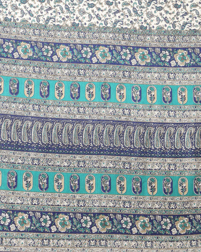 Indiehaat | Kashmiri Silk Printed Saree White & Dark Blue