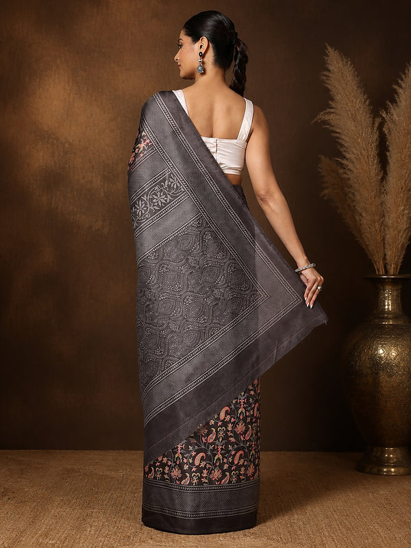 Indiehaat | Kashmiri Silk Printed Saree Dark Grey & Charcoal