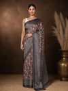 Indiehaat | Kashmiri Silk Printed Saree Dark Grey & Charcoal