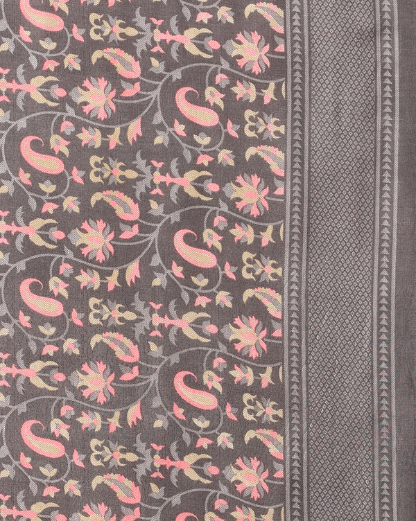 Indiehaat | Kashmiri Silk Printed Saree Dark Grey & Charcoal