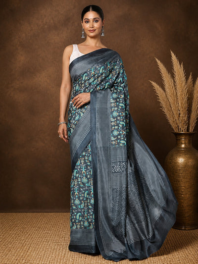 Charcoal Paisley Printed Kashmiri Silk Saree | Silsila