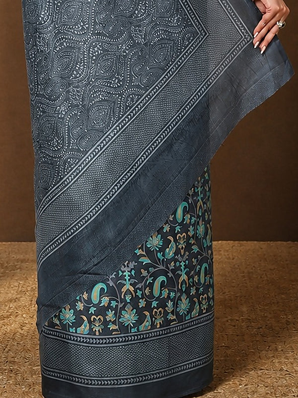 Indiehaat | Kashmiri Silk Printed Saree Charcoal Grey