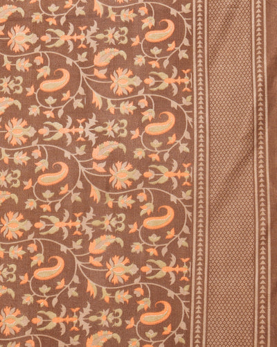 Indiehaat | Kashmiri Silk Printed Saree Brown & Dark Brown