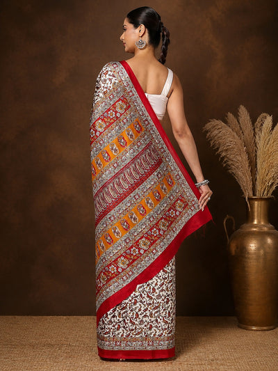 Indiehaat | Kashmiri Silk Printed Saree White & Red
