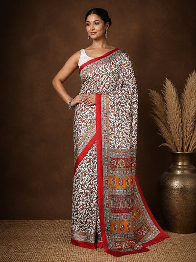 Indiehaat | Kashmiri Silk Printed Saree White & Red