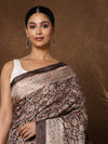Indiehaat | Kashmiri Silk Printed Saree Dark Brown & Cream