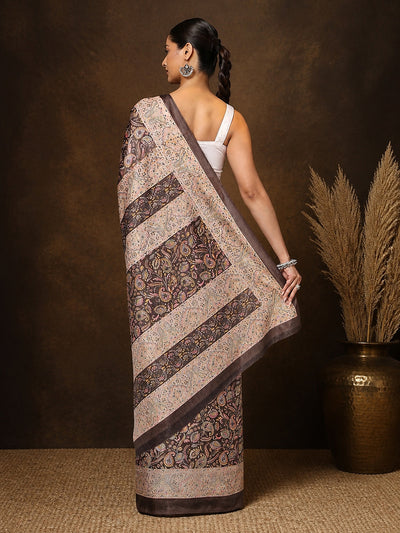 Indiehaat | Kashmiri Silk Printed Saree Dark Brown & Cream