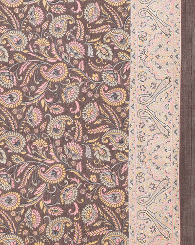 Indiehaat | Kashmiri Silk Printed Saree Dark Brown & Cream