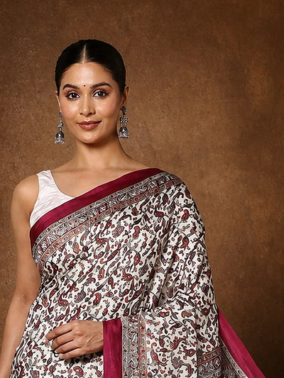 Indiehaat | Kashmiri Silk Printed Saree Off-White & Maroon