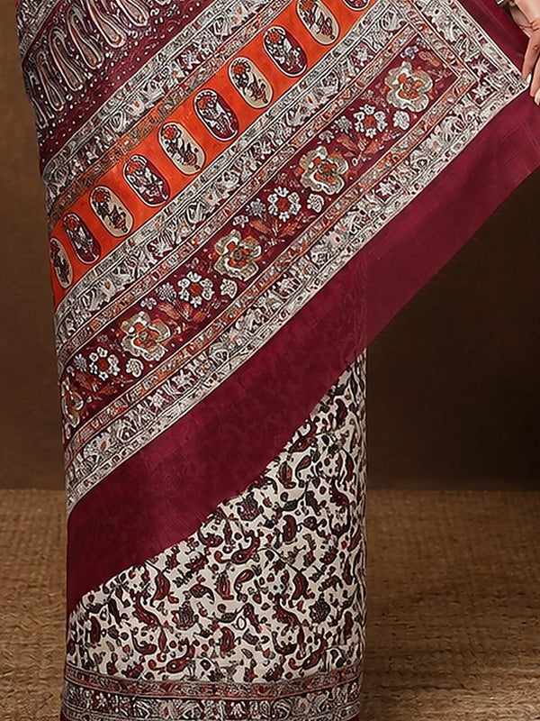 Indiehaat | Kashmiri Silk Printed Saree Off-White & Maroon