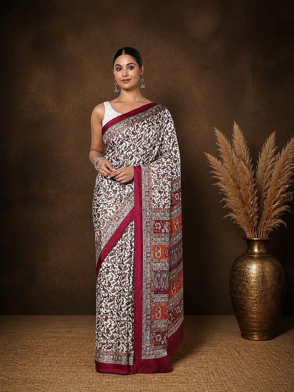 Indiehaat | Kashmiri Silk Printed Saree Off-White & Maroon