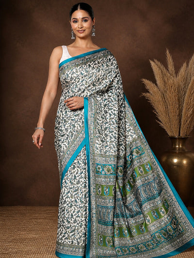 White & Green Paisley Kashmiri Silk Printed Saree | Manzil