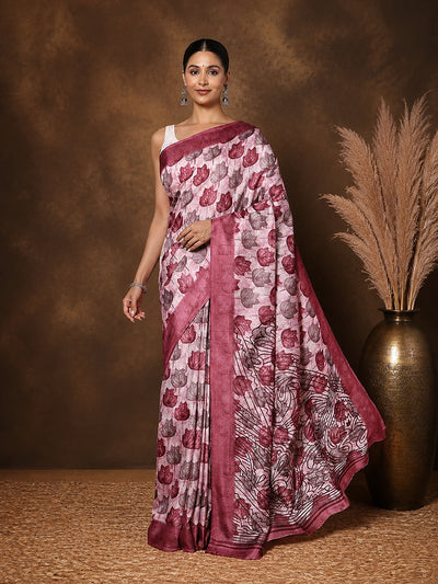 Pale Pink Floral-Pallu Kashmiri Silk Printed Saree | Patjhad