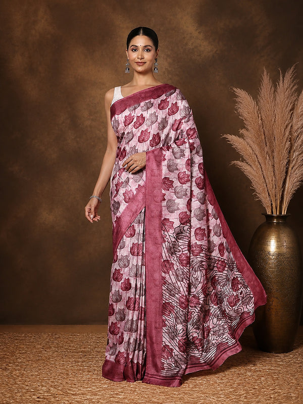 Off White and pale-pink Kashmiri Silk printed saree with an all-over botanical leaf print and an ornate deep-plum floral end-panel, finished with a solid mauve border.