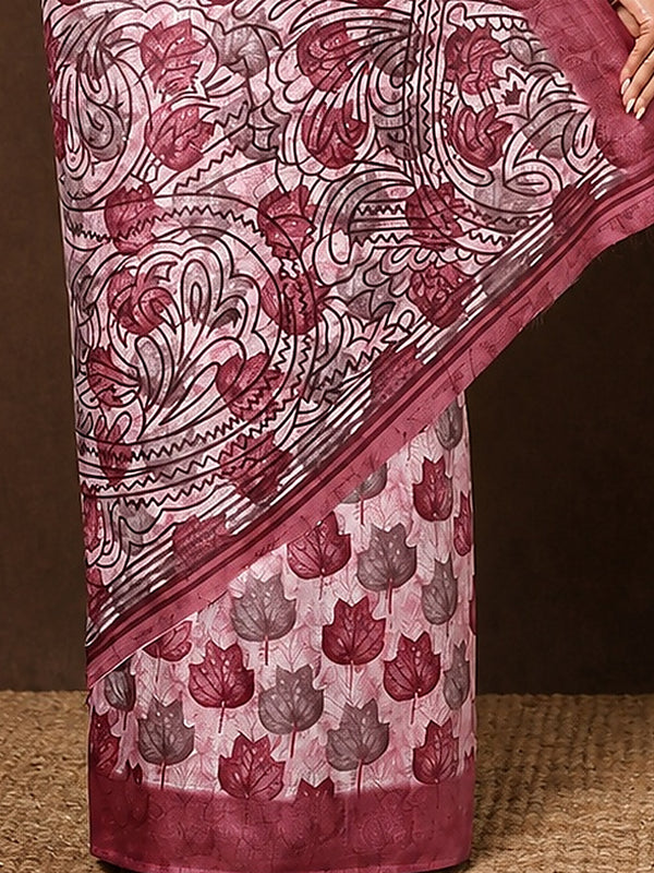 Indiehaat | Kashmiri Silk Printed Saree Off-White & Pale 
