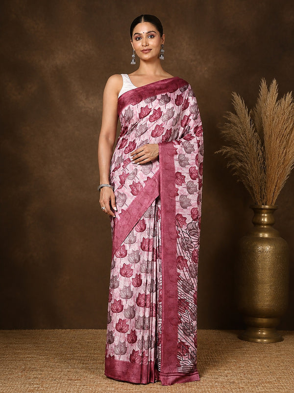 Indiehaat | Kashmiri Silk Printed Saree Off-White & Pale 