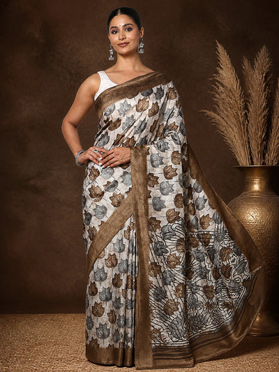 Beige & Brown Border Kashmiri Silk Printed Saree | Patjhad