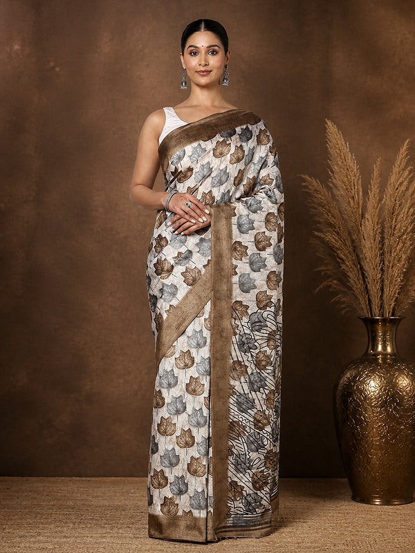 Indiehaat | Kashmiri Silk Printed Saree Beige & Brown