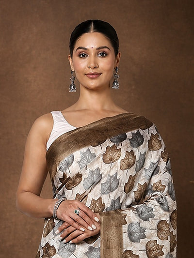 Indiehaat | Kashmiri Silk Printed Saree Beige & Brown