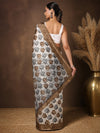 Indiehaat | Kashmiri Silk Printed Saree Beige & Brown