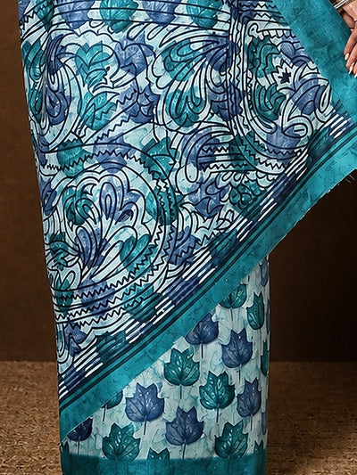 Indiehaat | Kashmiri Silk Printed Saree Light Blue & Teal