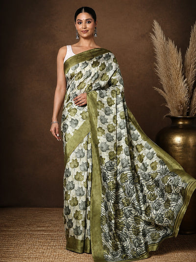 White Kashmiri Silk printed saree with a scattered olive-green and grey leaf print, a dense abstract botanical end-panel, and a wide solid olive-green border.