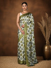 Indiehaat | Kashmiri Silk Printed Saree White & Olive Green