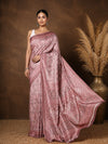 Dusty rose, mauve and silver printed saree in a soft, tonal all-over paisley and floral print with a narrow mauve border.
