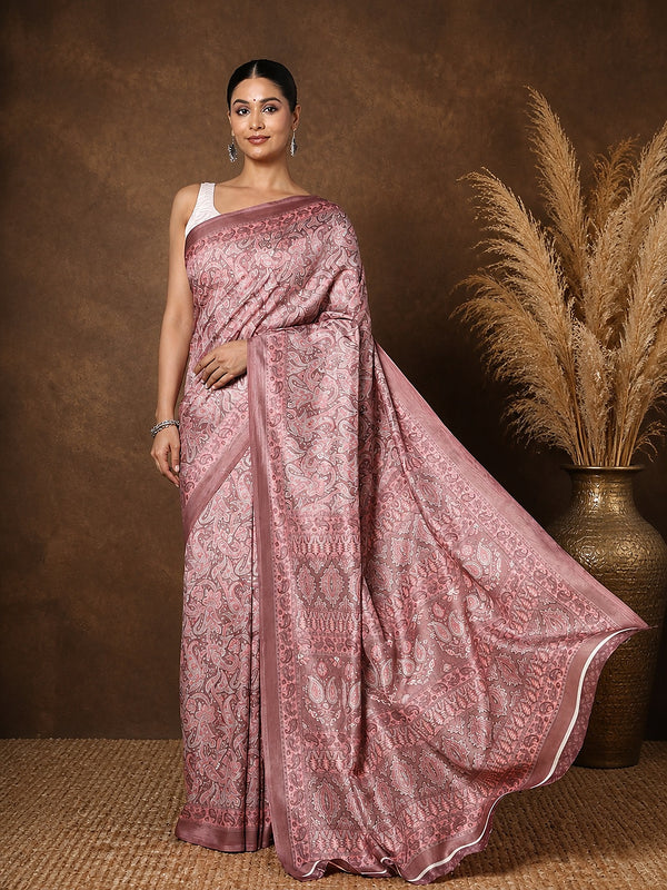Dusty rose, mauve and silver printed saree in a soft, tonal all-over paisley and floral print with a narrow mauve border.