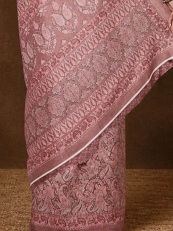 Indiehaat | Kashmiri Silk Printed Saree Dusty Rose & Mute