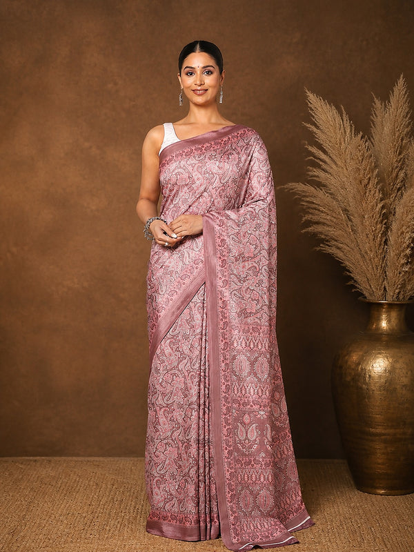 Indiehaat | Kashmiri Silk Printed Saree Dusty Rose & Mute
