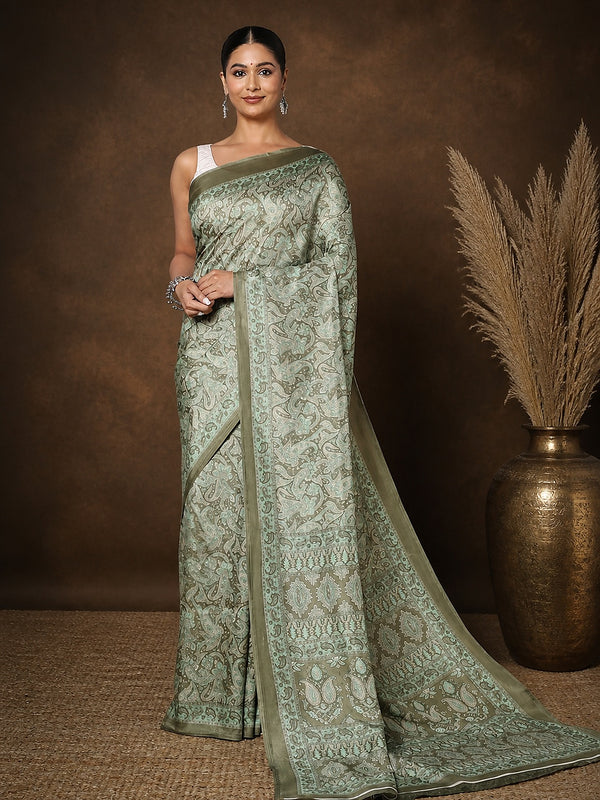 Sage green and grey printed saree in a medium all-over paisley print with a narrow dark olive border.