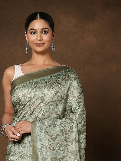 Indiehaat | Kashmiri Silk Printed Saree Sage Green & Ligh