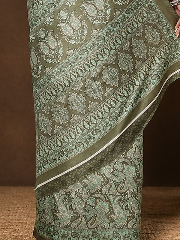 Indiehaat | Kashmiri Silk Printed Saree Sage Green & Ligh