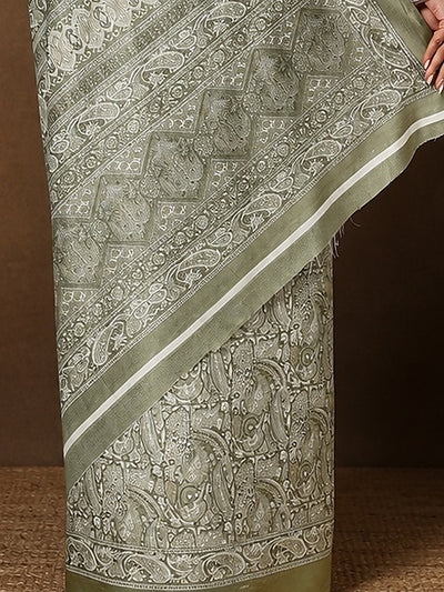 Indiehaat | Kashmiri Silk Printed Saree Olive Green & Pal