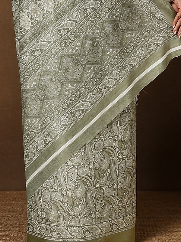 Indiehaat | Kashmiri Silk Printed Saree Olive Green & Pal