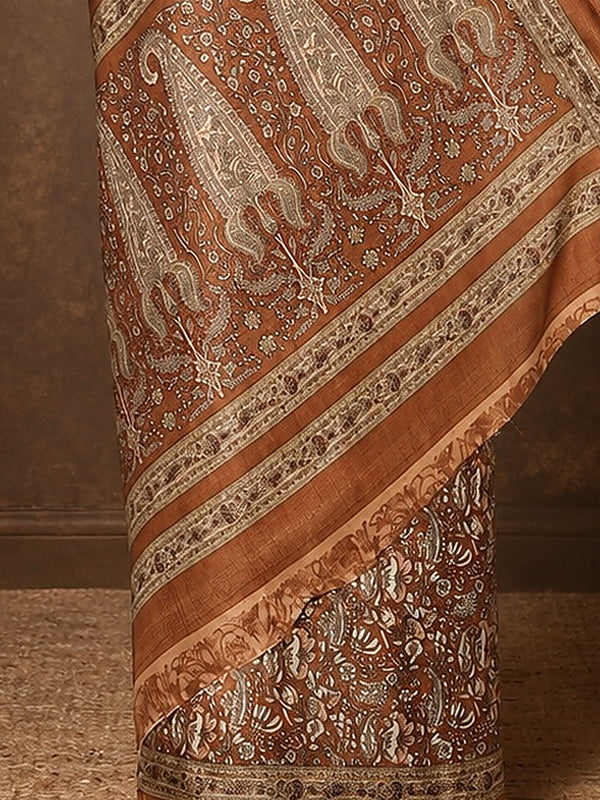 Indiehaat | Kashmiri Silk Printed Saree Brown & Bronze
