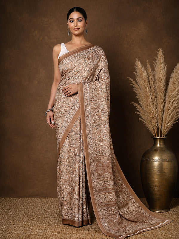 Indiehaat | Kashmiri Silk Printed Saree Light Brown & Beige