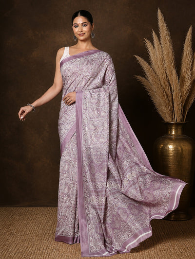 Lavender Paisley Printed Kashmiri Silk Saree | Silsila