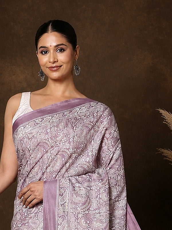 Indiehaat | Kashmiri Silk Printed Saree Lavender & White