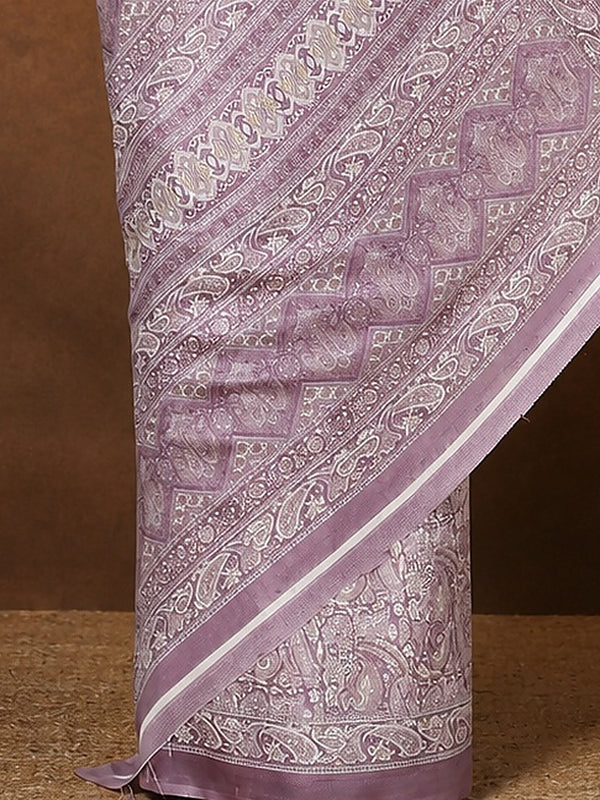 Indiehaat | Kashmiri Silk Printed Saree Lavender & White