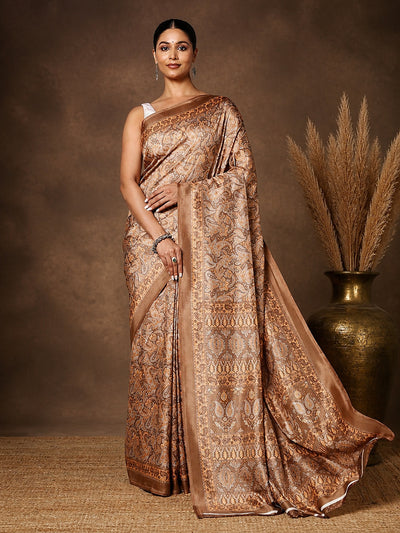 Tan & Brown Paisley Kashmiri Silk Printed Saree | Manzil