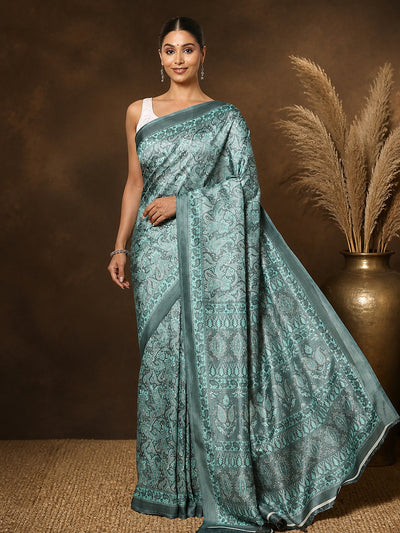 Slate Grey Teal Paisley Printed Kashmiri Silk Saree | Silsila
