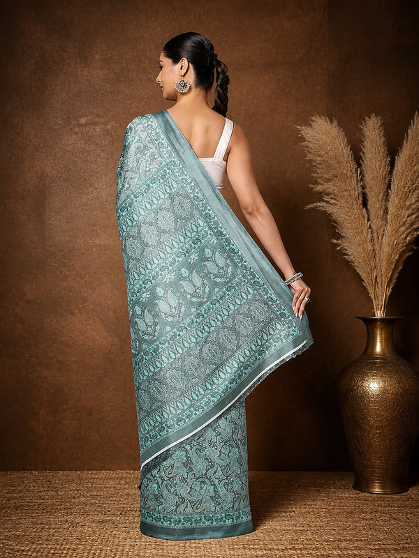 Indiehaat | Kashmiri Silk Printed Saree Slate Grey & Teal