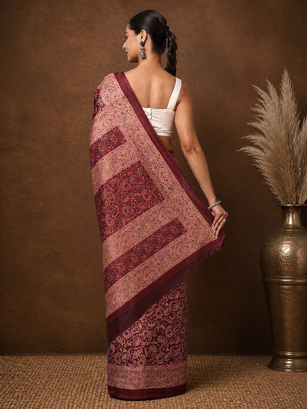 Indiehaat | Kashmiri Silk Printed Saree Maroon & Burgundy